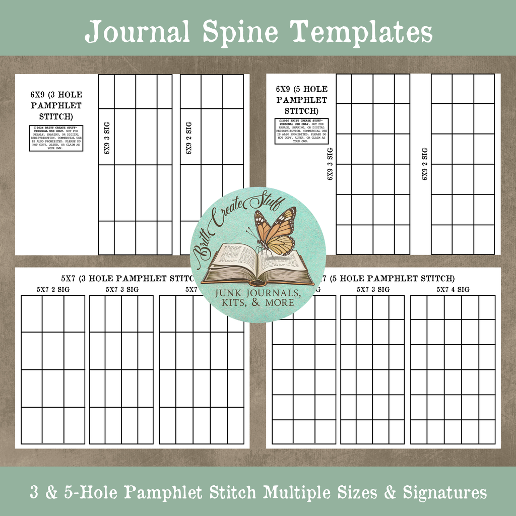 Printable journal spine templates with 3-hole and 5-hole pamphlet stitch guides