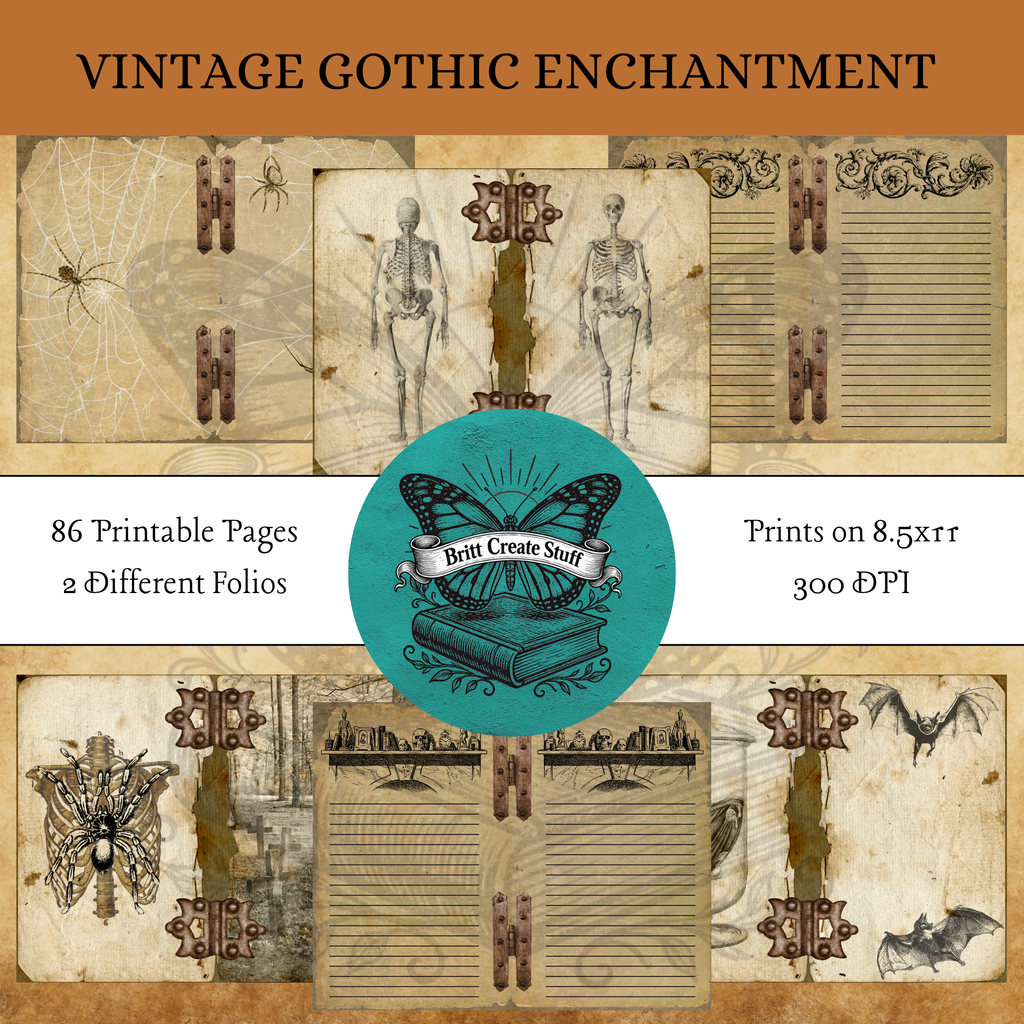Vintage Gothic Enchantment printable folio kit with 86 pages, two folio designs, skeletons, spiders, bats, and journaling pages