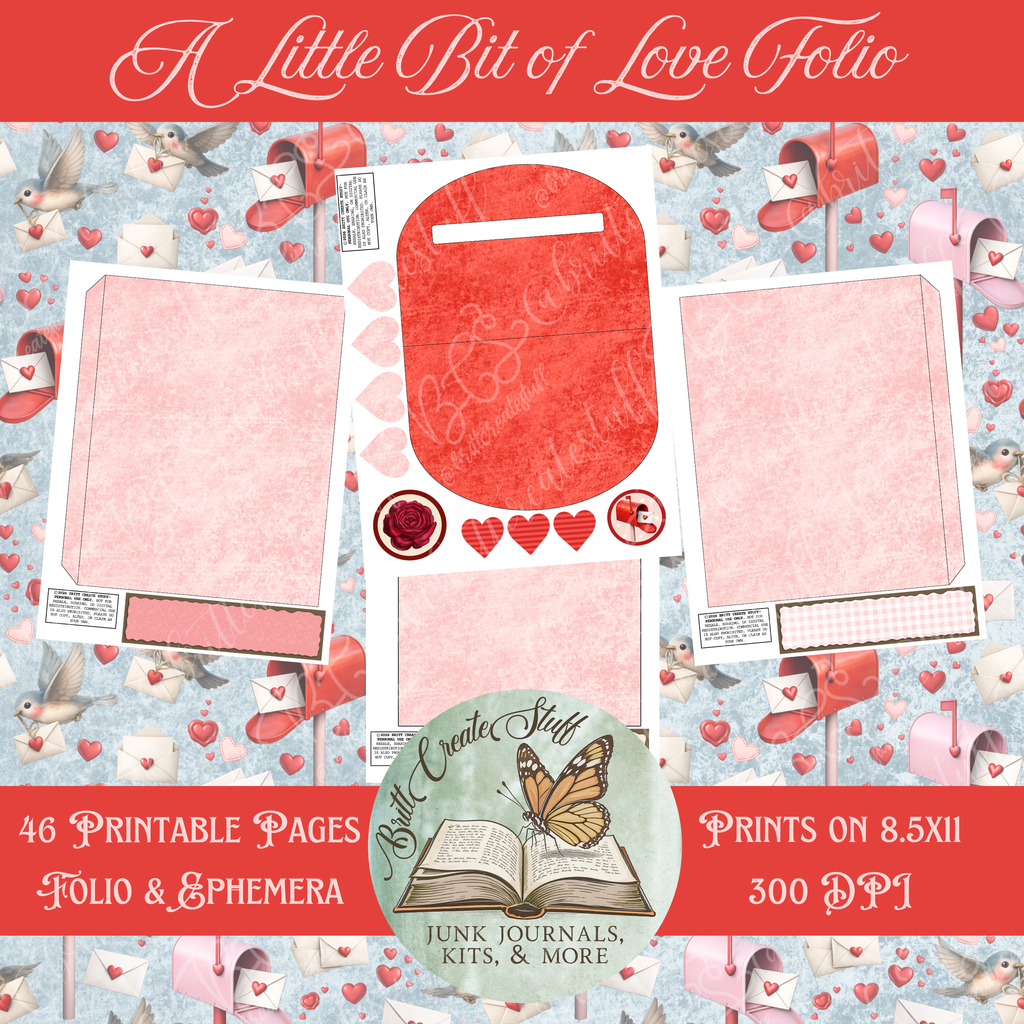 A Little Bit of Love printable folio kit with 46 pages of Valentine papers and ephemera