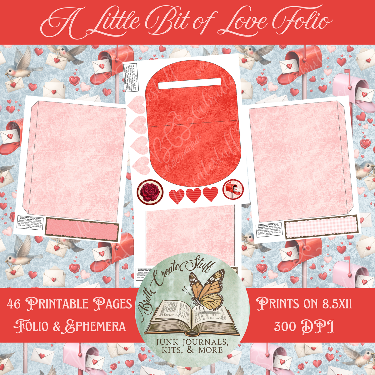A Little Bit of Love printable folio kit with 46 pages of Valentine papers and ephemera