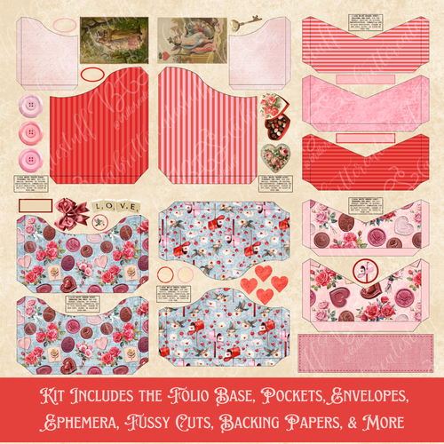 Printable love-themed folio bases, pockets, envelopes, hearts, and vintage ephemera