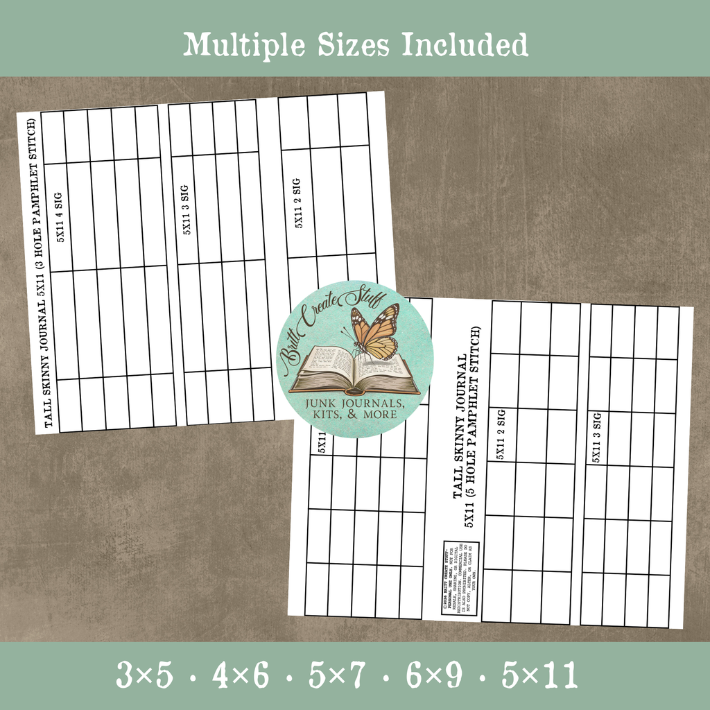 Journal spine sewing templates in five sizes with multiple signature options