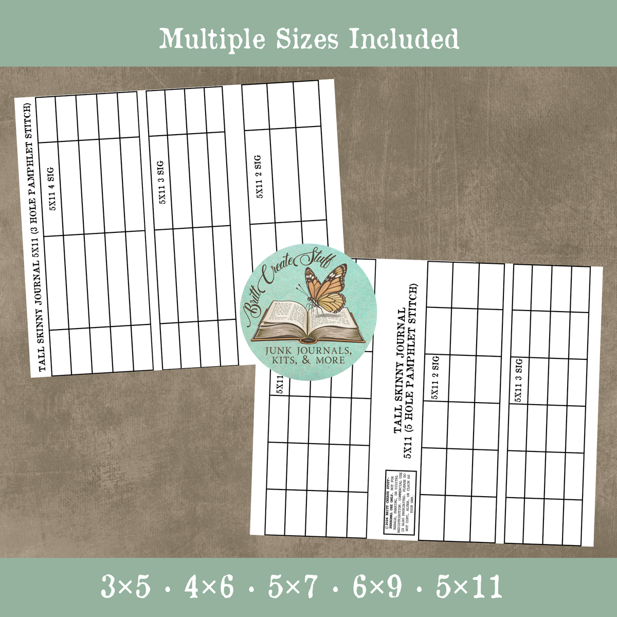 Journal spine sewing templates in five sizes with multiple signature options