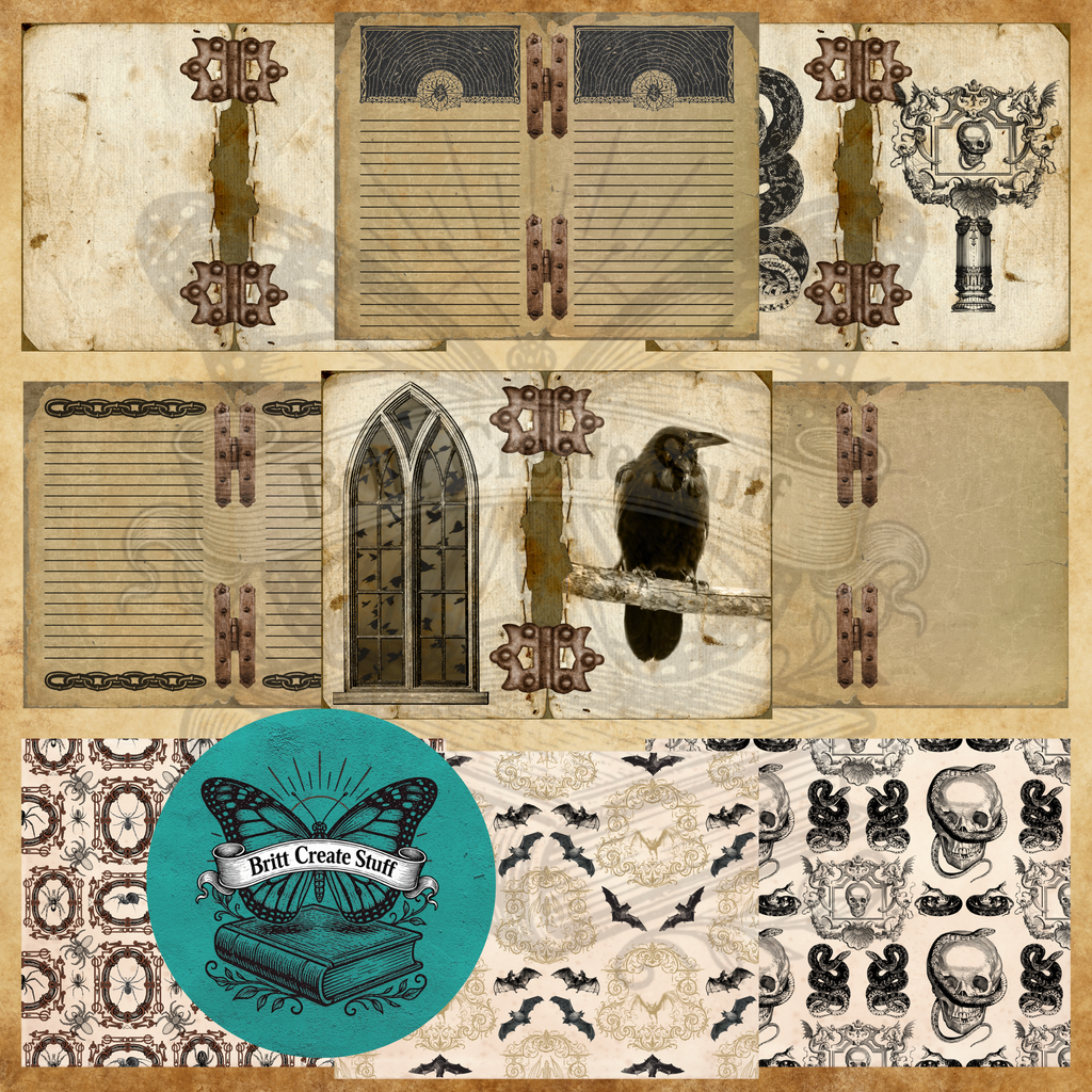 Vintage gothic printable folio pages with a raven, gothic window, skull illustrations, hinged writing pages, and patterned papers