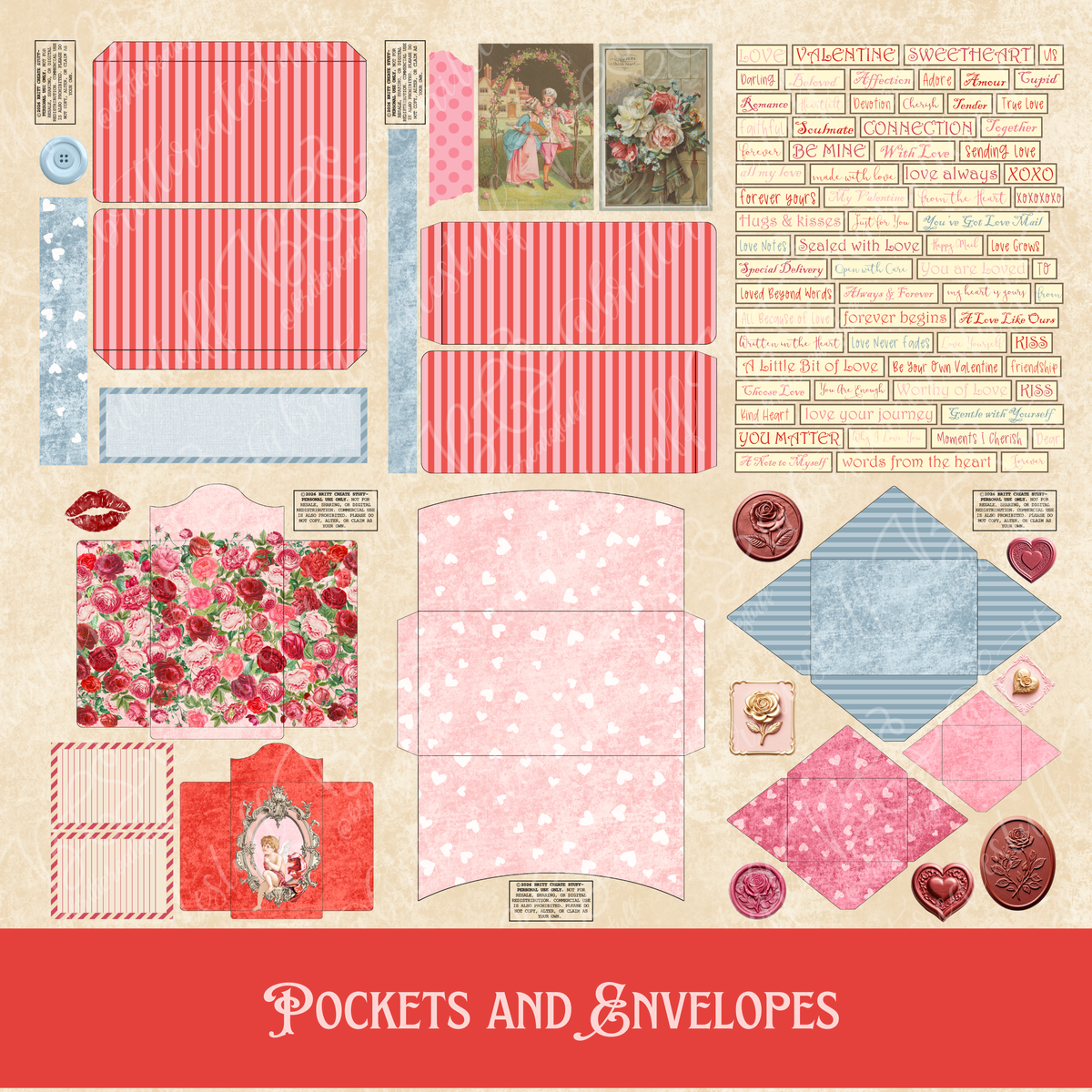 Valentine printable pockets and envelopes with roses, hearts, mailboxes, and love phrases