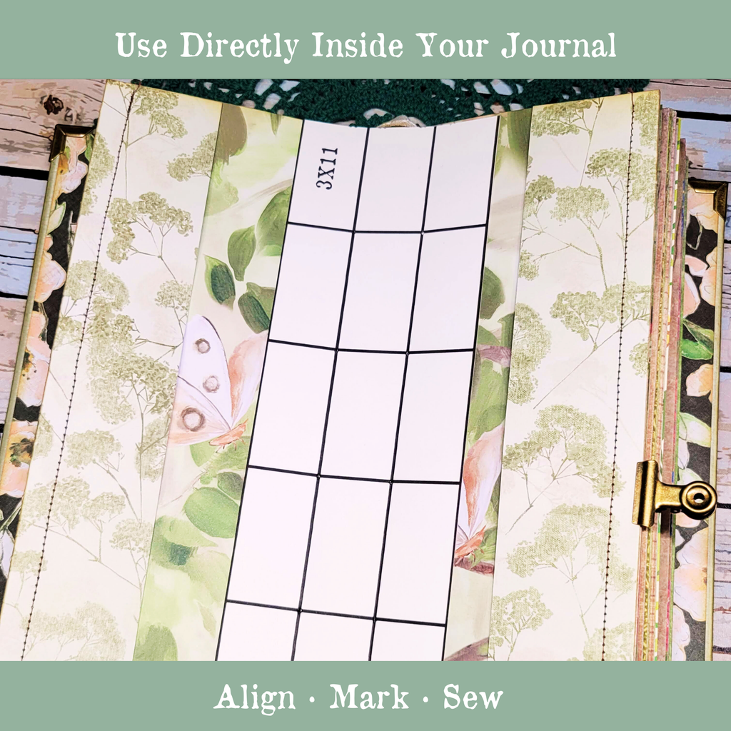 Printable spine template positioned inside a handmade journal for marking sewing holes