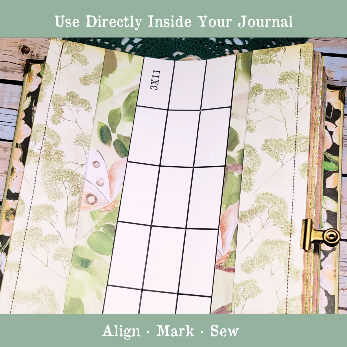 Printable spine template positioned inside a handmade journal for marking sewing holes