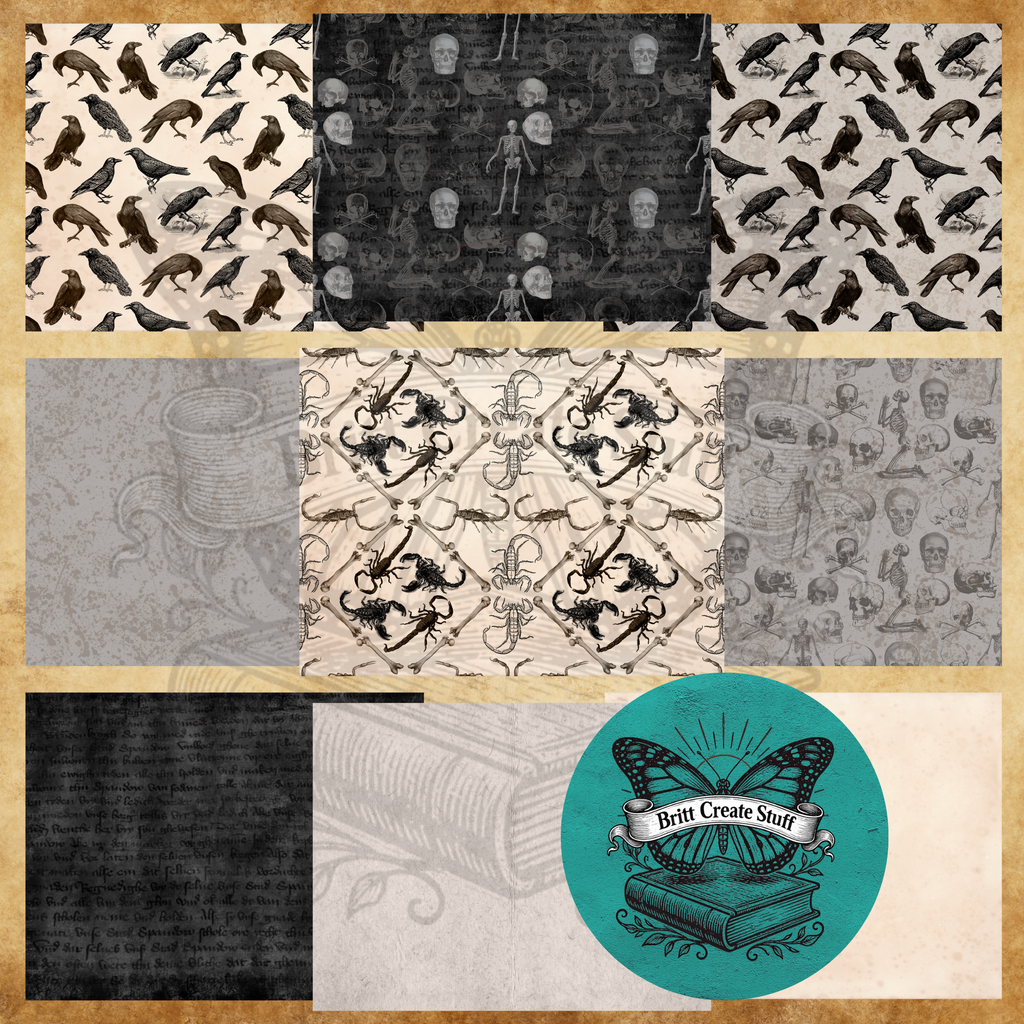 Gothic printable background papers featuring ravens, skeletons, skulls, scorpions, antique writing, and distressed textures