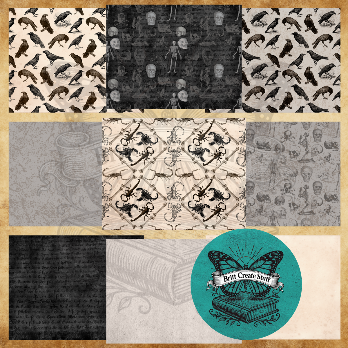 Gothic printable background papers featuring ravens, skeletons, skulls, scorpions, antique writing, and distressed textures