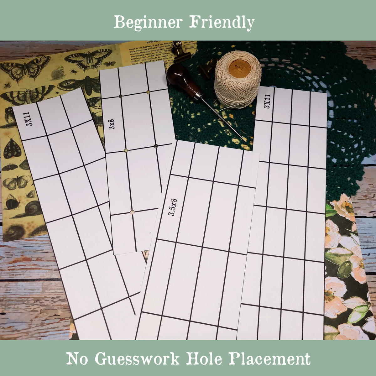 Beginner-friendly bookbinding templates with sewing hole placement guides and bookbinding tools