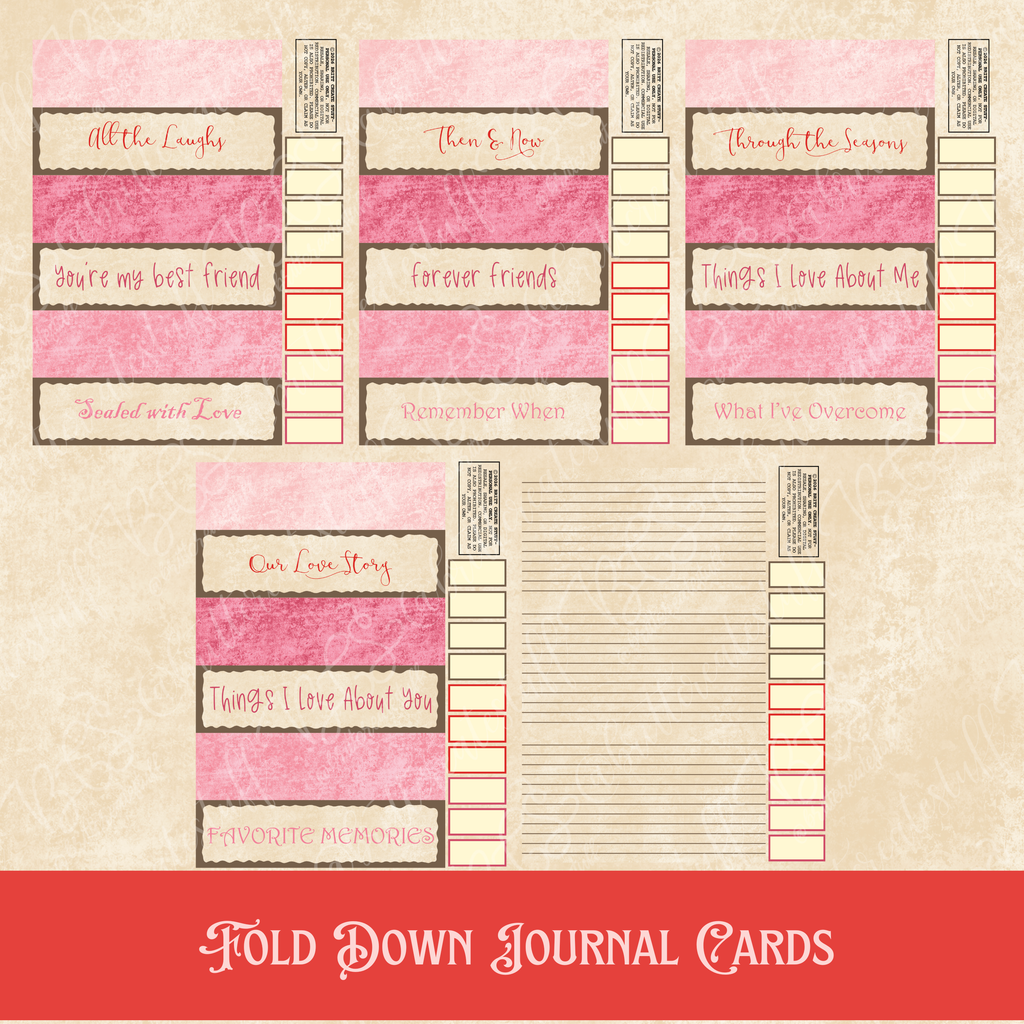 Printable fold-down journal cards with friendship, love, memory, and reflection prompts