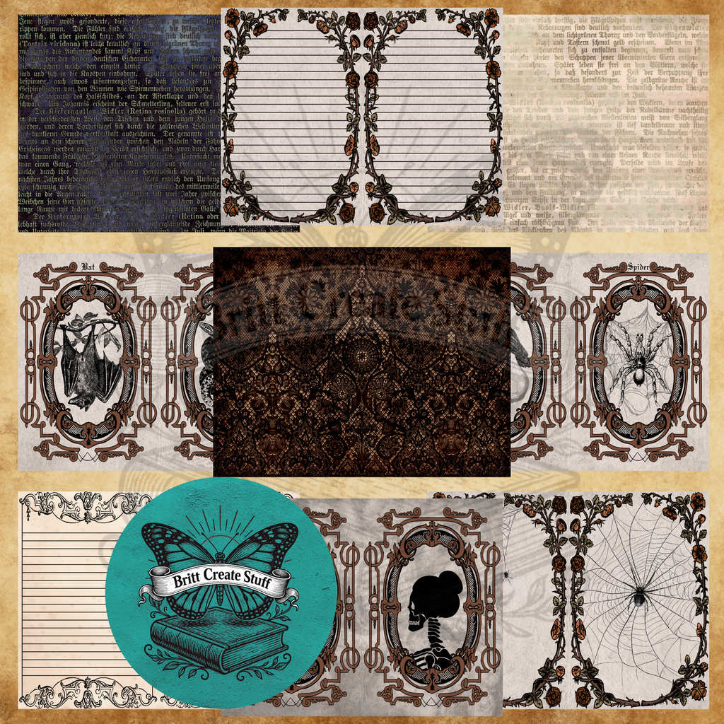 Printable gothic journal pages with roses, spiderwebs, skeleton silhouettes, bats, antique text, and dark lace patterns
