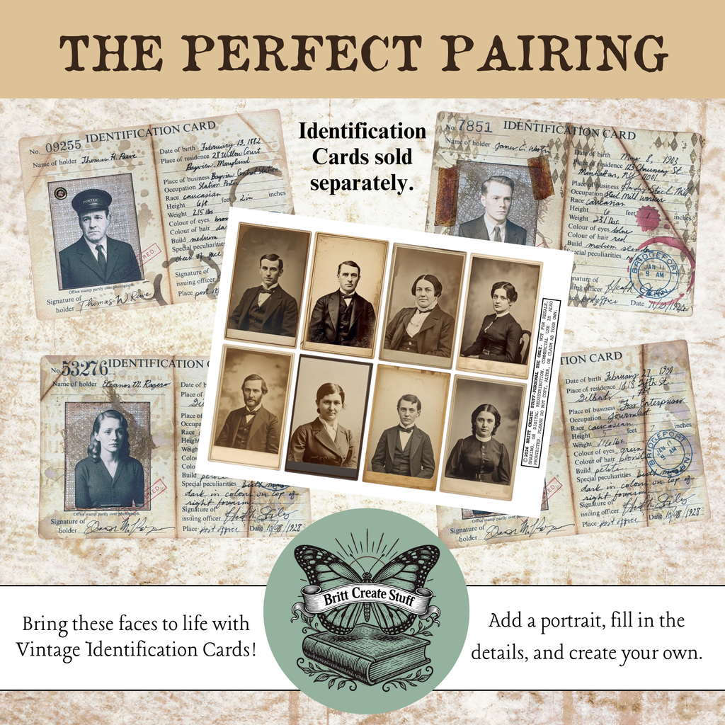 Faces from the Past portraits paired with vintage identification cards sold separately