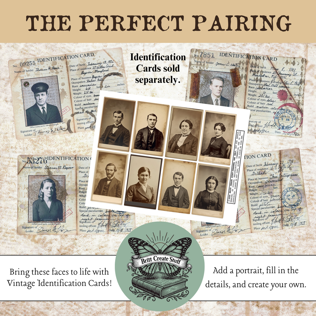 Faces from the Past portraits paired with vintage identification cards sold separately