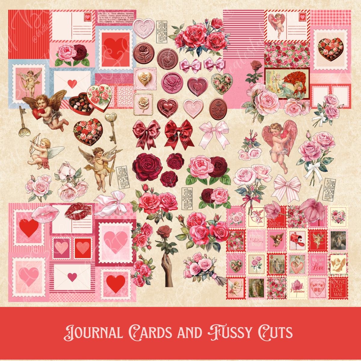 Vintage Valentine journal cards and fussy cuts with roses, cupids, bows, stamps, and wax seals