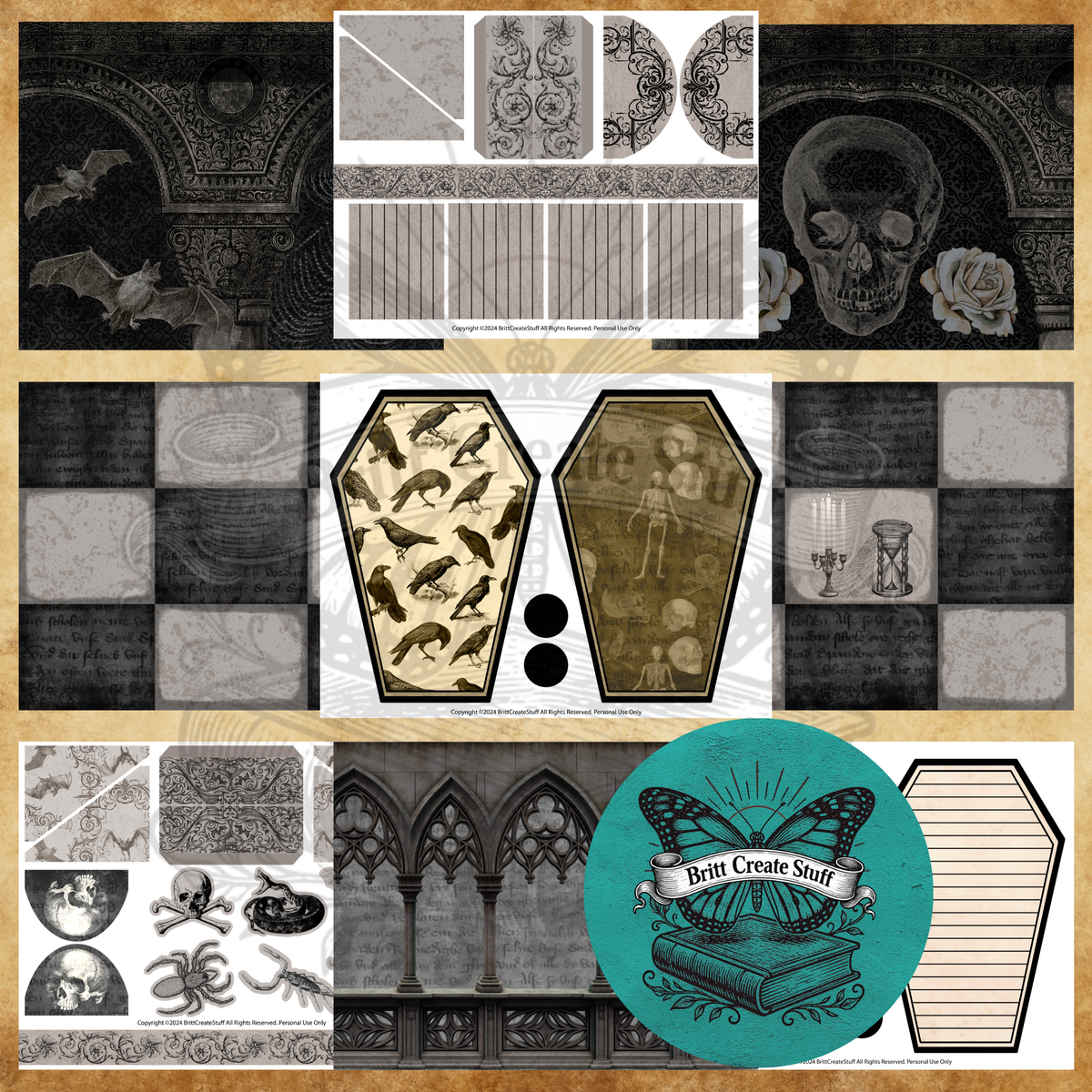 Gothic folio elements with coffin journaling cards, pockets, envelopes, skulls, bats, roses, and gothic architectural panels