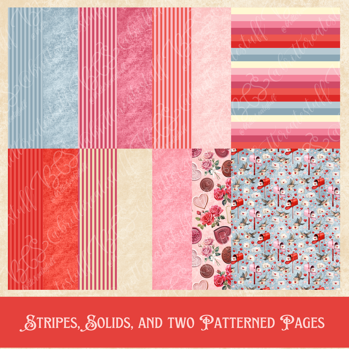 Coordinating red, pink, blue, cream, striped, and love-letter papers from the printable folio kit