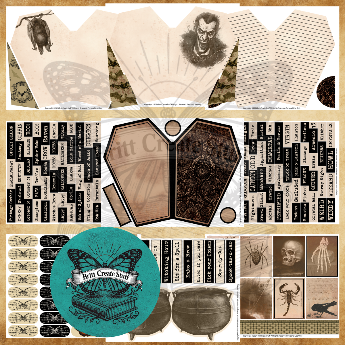 Vintage Gothic Enchantment ephemera with coffin folio pieces, word strips, skeleton-hand tabs, cauldrons, and specimen cards