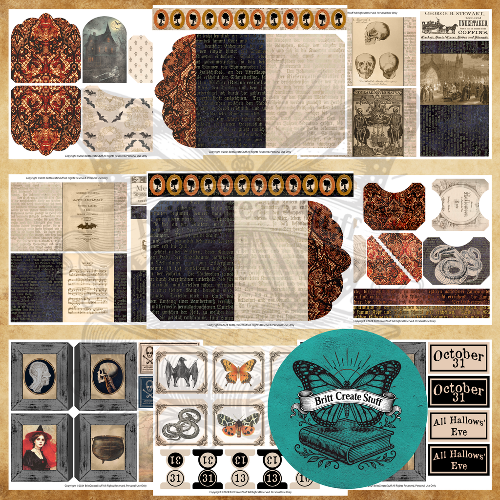 Printable gothic folio pockets, envelopes, silhouettes, vintage anatomy images, Halloween labels, and framed ephemera