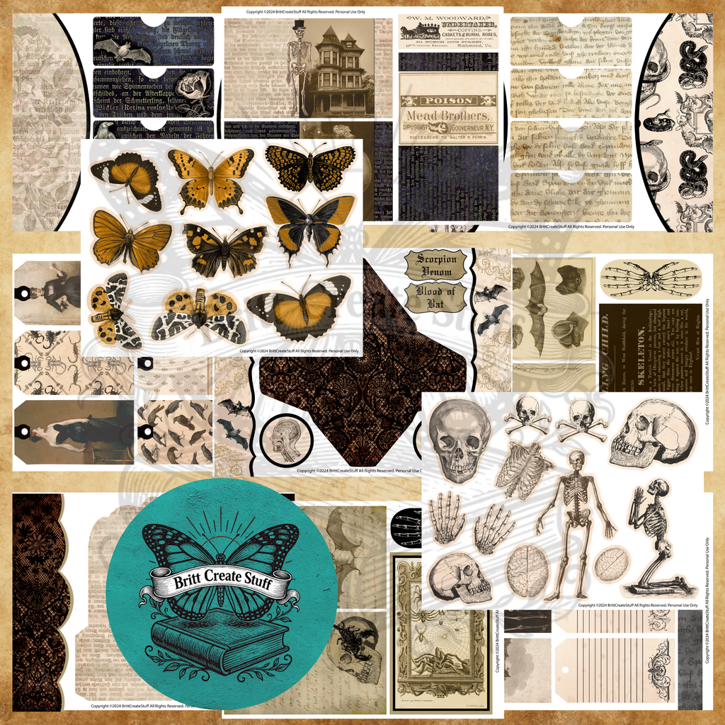 Gothic printable ephemera featuring orange moths, anatomical skeletons, skulls, bats, tags, pockets, and specimen labels