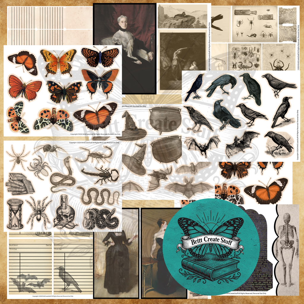 Vintage gothic printable fussy cuts with ravens, bats, moths, spiders, snakes, skulls, skeletons, Victorian portraits, and journal cards