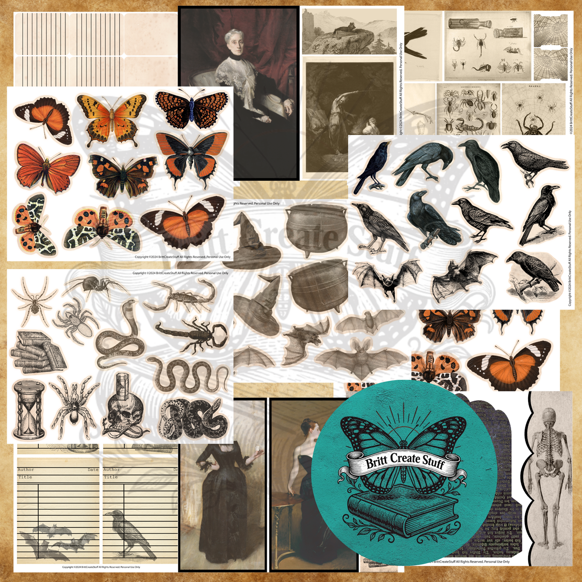 Vintage gothic printable fussy cuts with ravens, bats, moths, spiders, snakes, skulls, skeletons, Victorian portraits, and journal cards