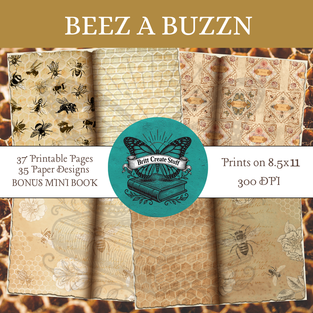 Beez A Buzz’n printable vintage bee paper pack with 37 pages, 35 paper designs, honeycomb patterns, and a bonus mini book