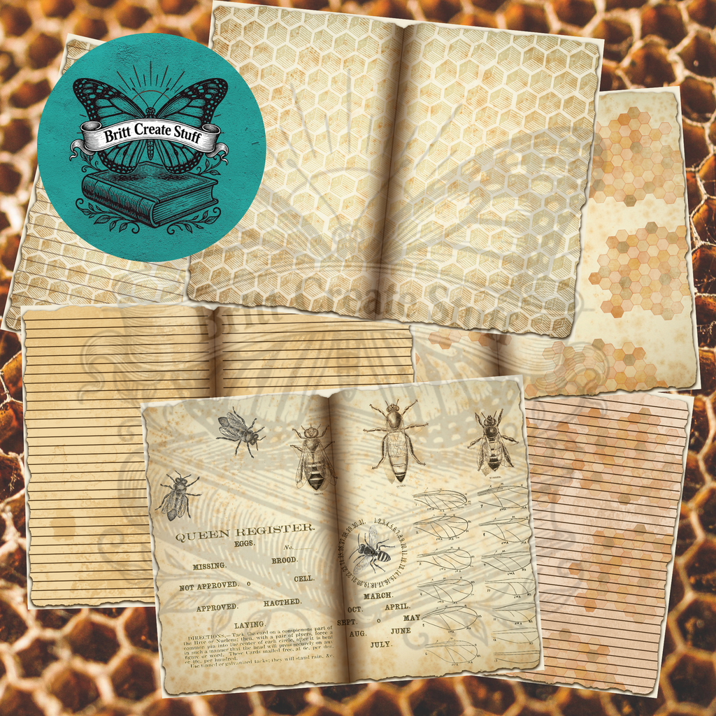 Printable bee journal papers featuring honeycomb patterns, lined pages, antique bee diagrams, and warm aged textures