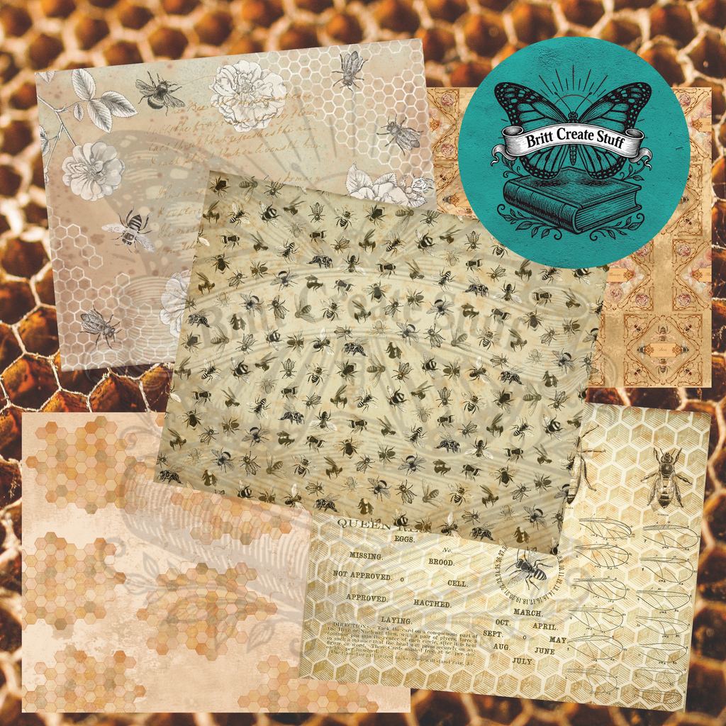 Vintage printable bee papers with honeycomb designs, botanical flowers, antique handwriting, and illustrated honeybees