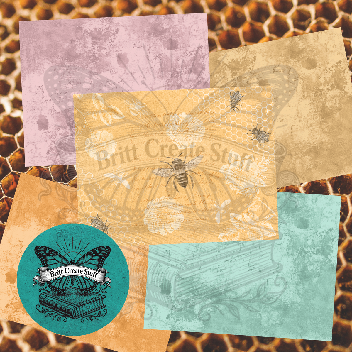 Coordinating distressed printable papers in honey gold, dusty pink, muted orange, turquoise, and vintage bee botanical designs