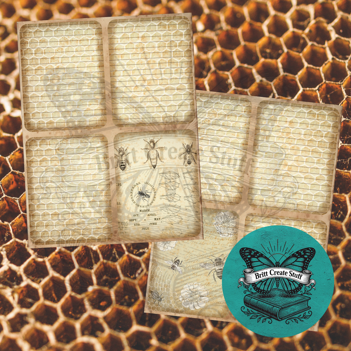 Printable lined journaling pages with honeycomb patterns, antique bee illustrations, botanical flowers, and warm neutral colors