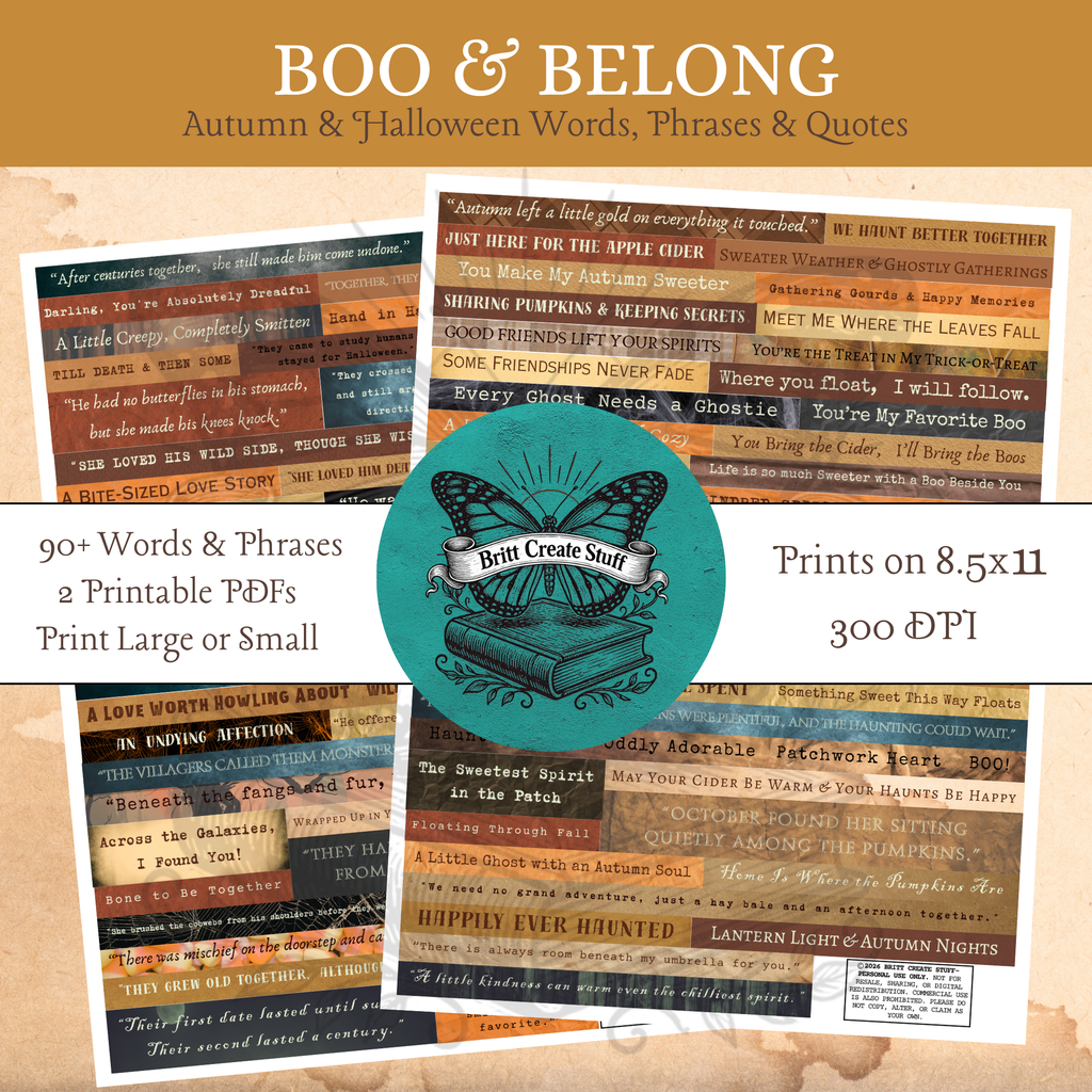 Boo and Belong printable autumn and Halloween words, phrases, and quotes with more than 90-word strips