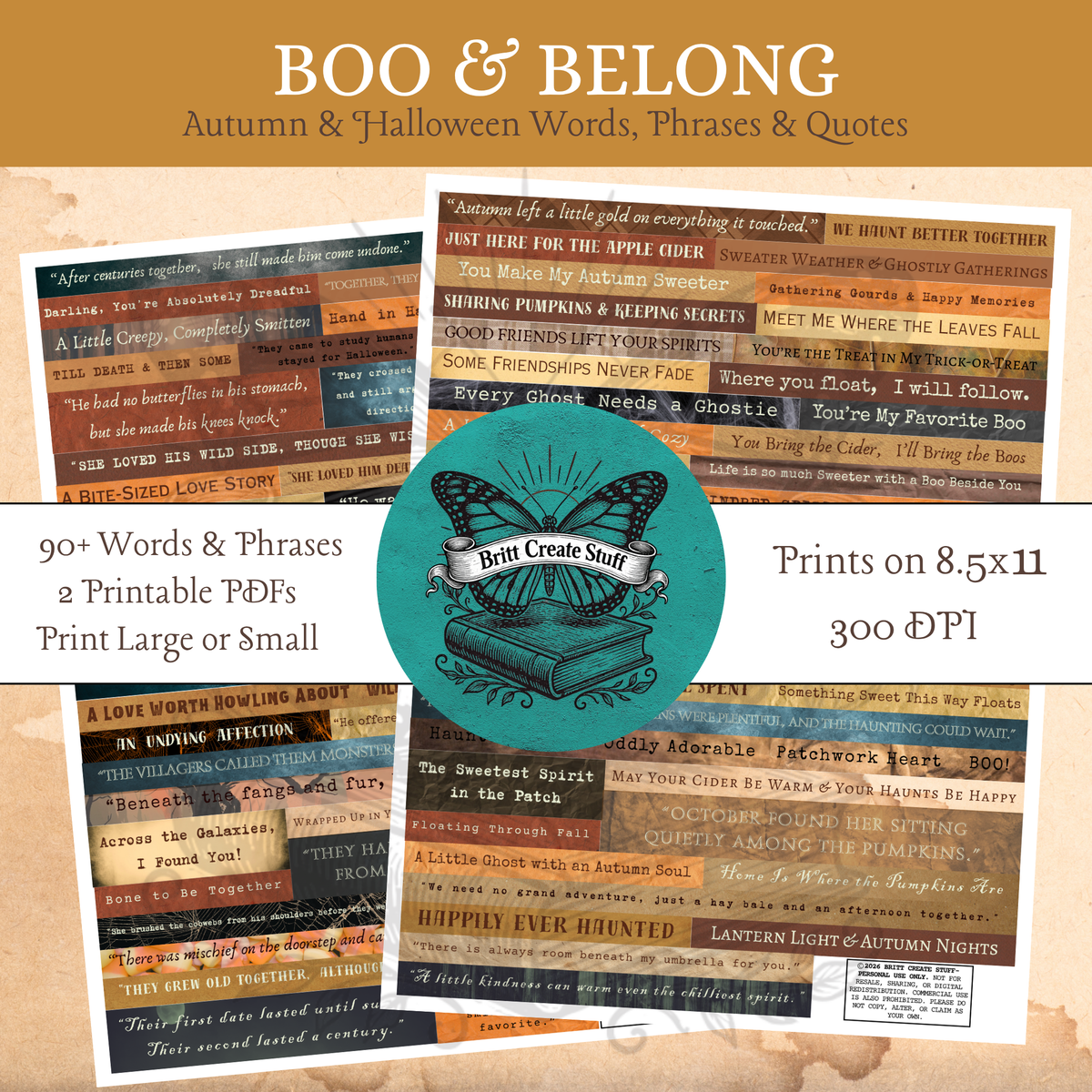Boo and Belong printable autumn and Halloween words, phrases, and quotes with more than 90-word strips