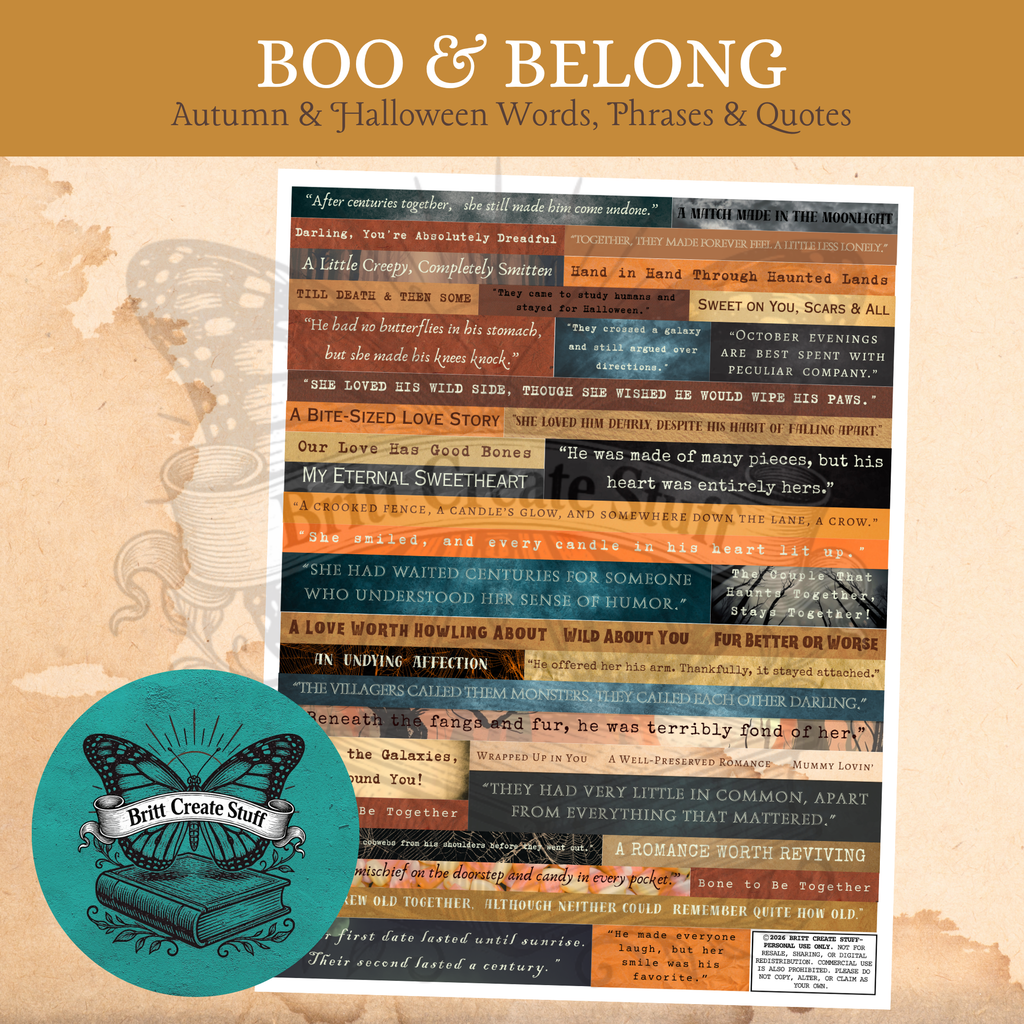 Printable Halloween monster-couple quotes and playful spooky phrases for junk journals and ATCs