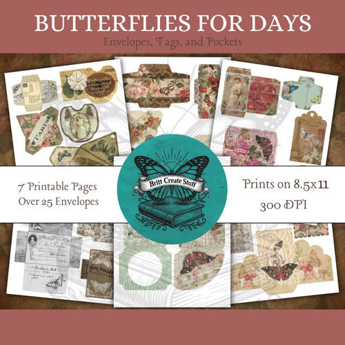 Butterflies for Days printable junk journal kit with vintage butterfly envelopes, tags, and pockets