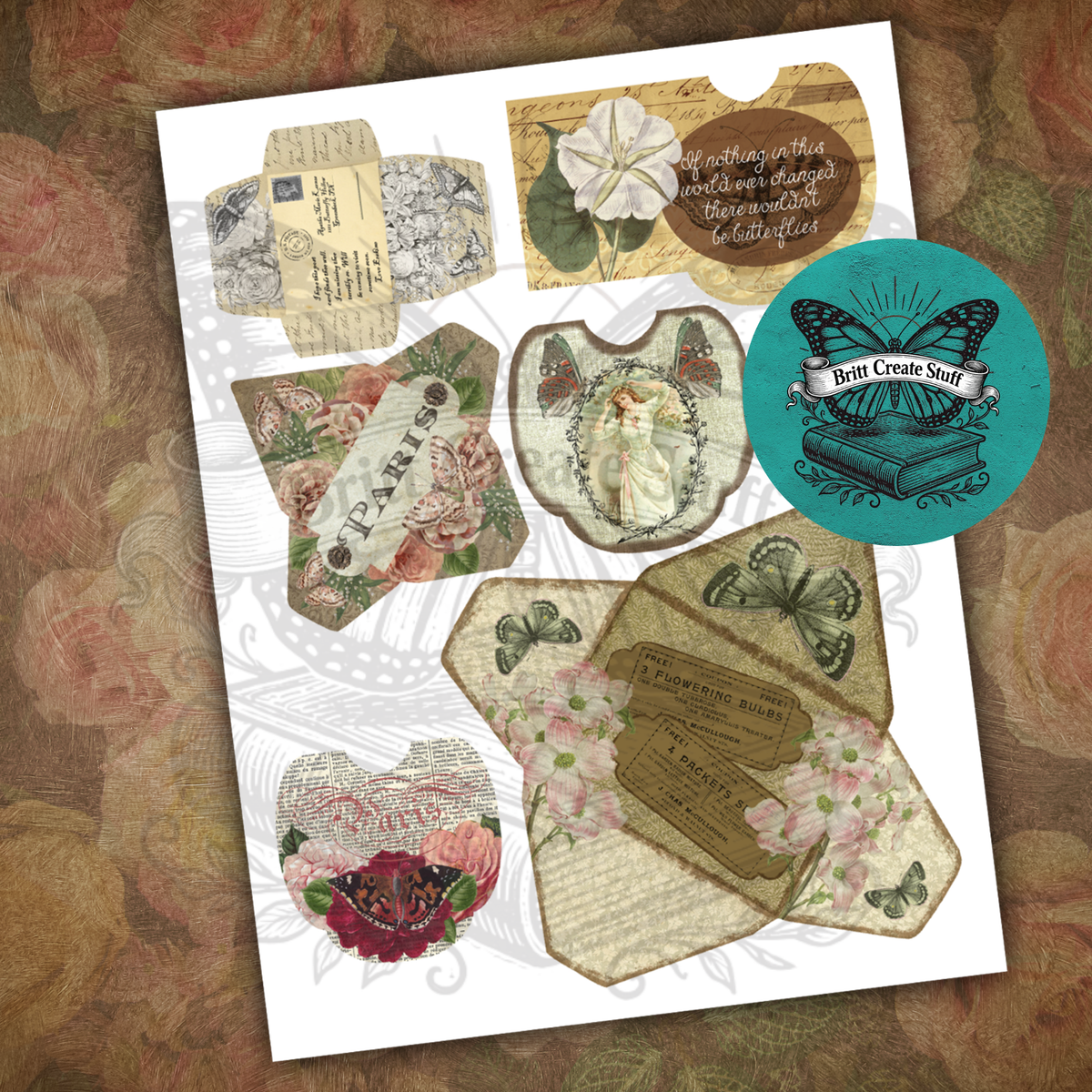 Printable butterfly envelopes and pockets featuring vintage florals, roses, script, and aged paper