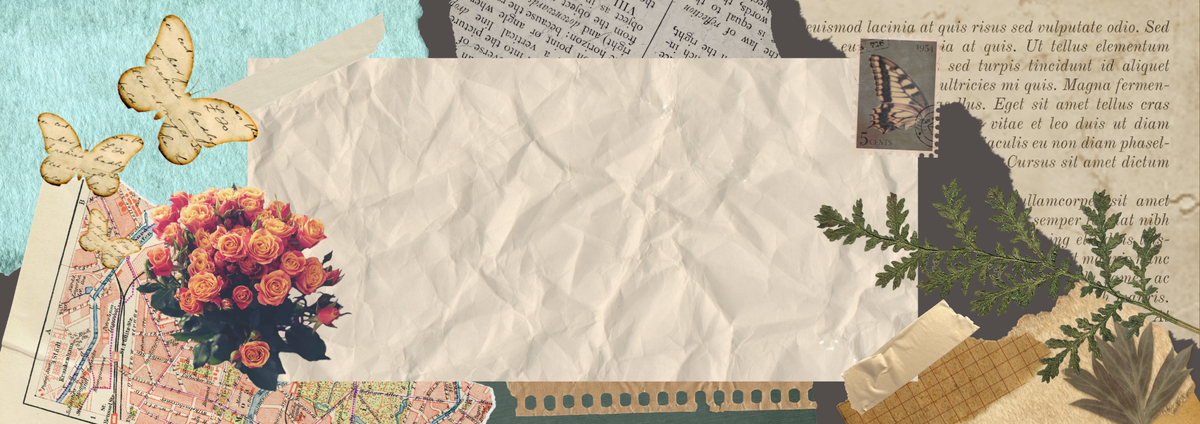 A vintage-style scrapbook paper or card template with a large blank cream center, surrounded by decorative elements including illustrated butterflies, a bouquet of pink roses, botanical leaves, a map, old book pages, and a postage stamp.