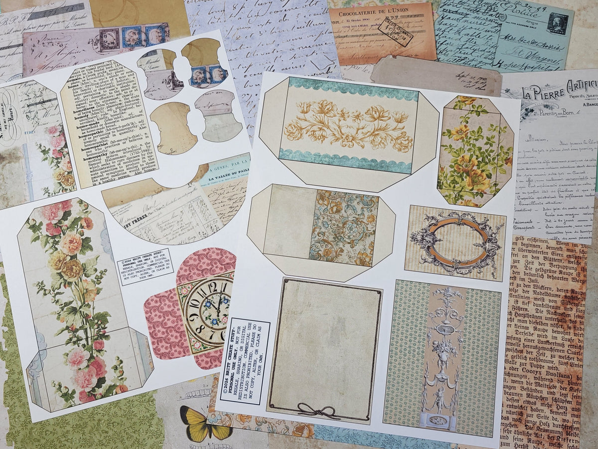 A collage of vintage-style scrapbook paper sheets featuring floral designs, antique typography, clock motifs, postmarks, and illustrated labels in soft muted tones.