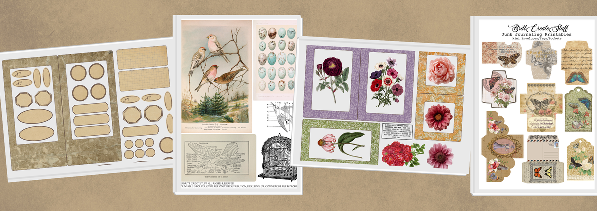 A collage of printed craft or scrapbook paper sheets and embellishments displayed on a tan background. The designs include vintage bird illustrations, floral artwork, pastel eggs, labels, and patterned paper pieces.