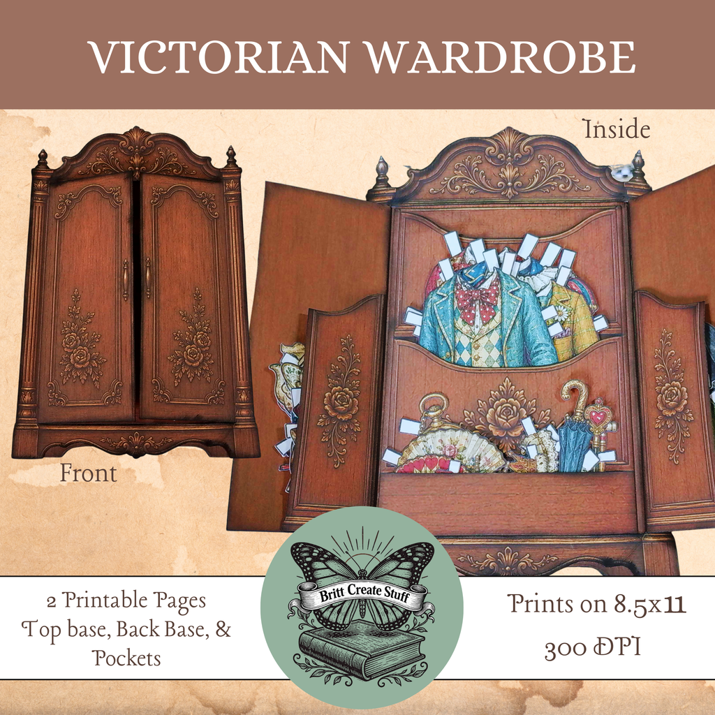 Decorative printable Victorian wardrobe with wooden doors for paper dolls and junk journals