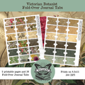 Printable Victorian Botanist Fold-Over Journal Tabs shown as two sample pages with floral, botanical, and vintage-style designs, with text noting 2 printable pages and 36 tabs, 8.5x11 size, and 300 DPI.