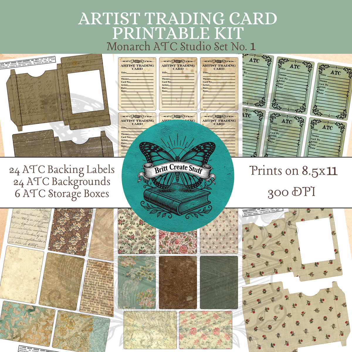 Monarch ATC Studio printable kit with 24 backgrounds, 24 backing labels, and 6 storage boxes