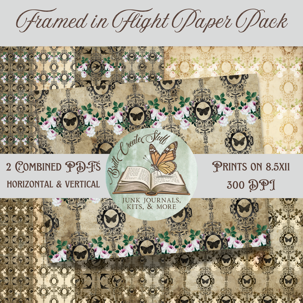 Framed in Flight printable vintage paper pack with butterflies, birds, roses, and ornate frames