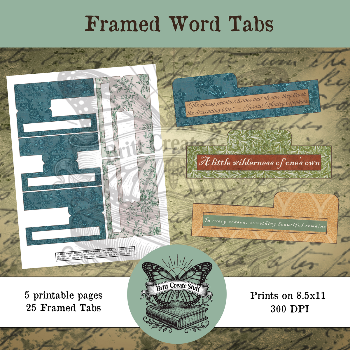 Framed Word Tabs printable set with 25 vintage junk journal page tabs