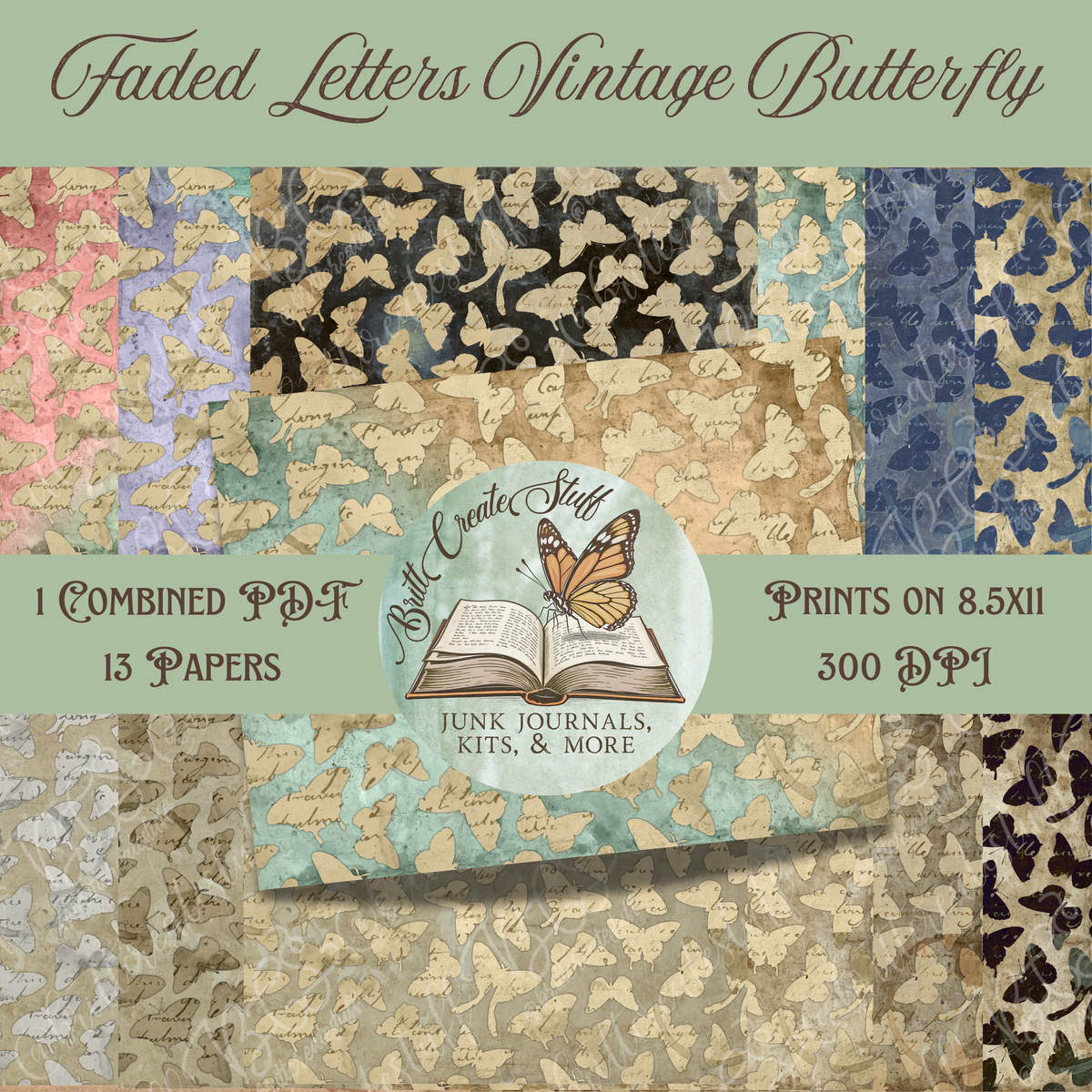 Faded Letters Vintage Butterfly printable paper pack with 13 coordinating 8.5 × 11 designs