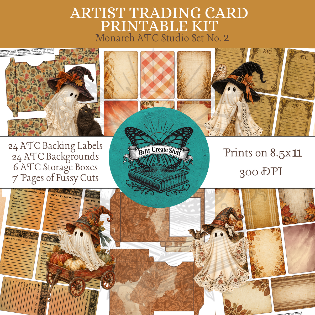 Cozy Autumn Ghosties artist trading card printable kit with ATC backgrounds, backing labels, storage boxes, and fussy cuts