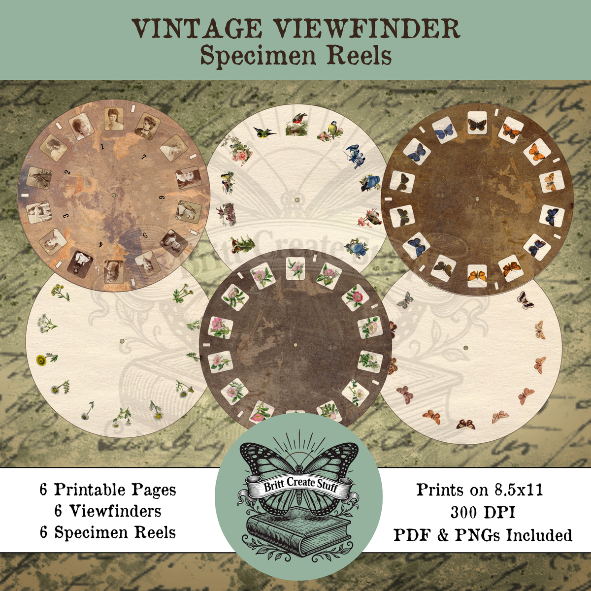 Vintage Viewfinder Specimen Reels printable junk journal set with six rotating viewfinders