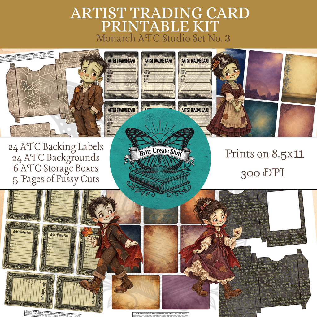 Monster Couples artist trading card printable kit with ATC backgrounds, backing labels, storage boxes, and fussy cuts