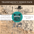 Layers of the Past Transparency Design Pack No. 1 featuring spider webs, grunge, Parisian script, sewing imagery, and floral designs; includes 12 designs for 8.5 by 11-inch printing at 300 DPI.