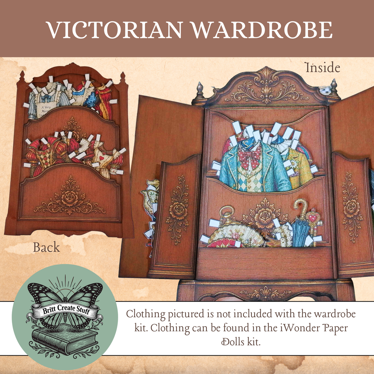 Printable Victorian wardrobe with interior pockets for storing paper doll clothing and accessories